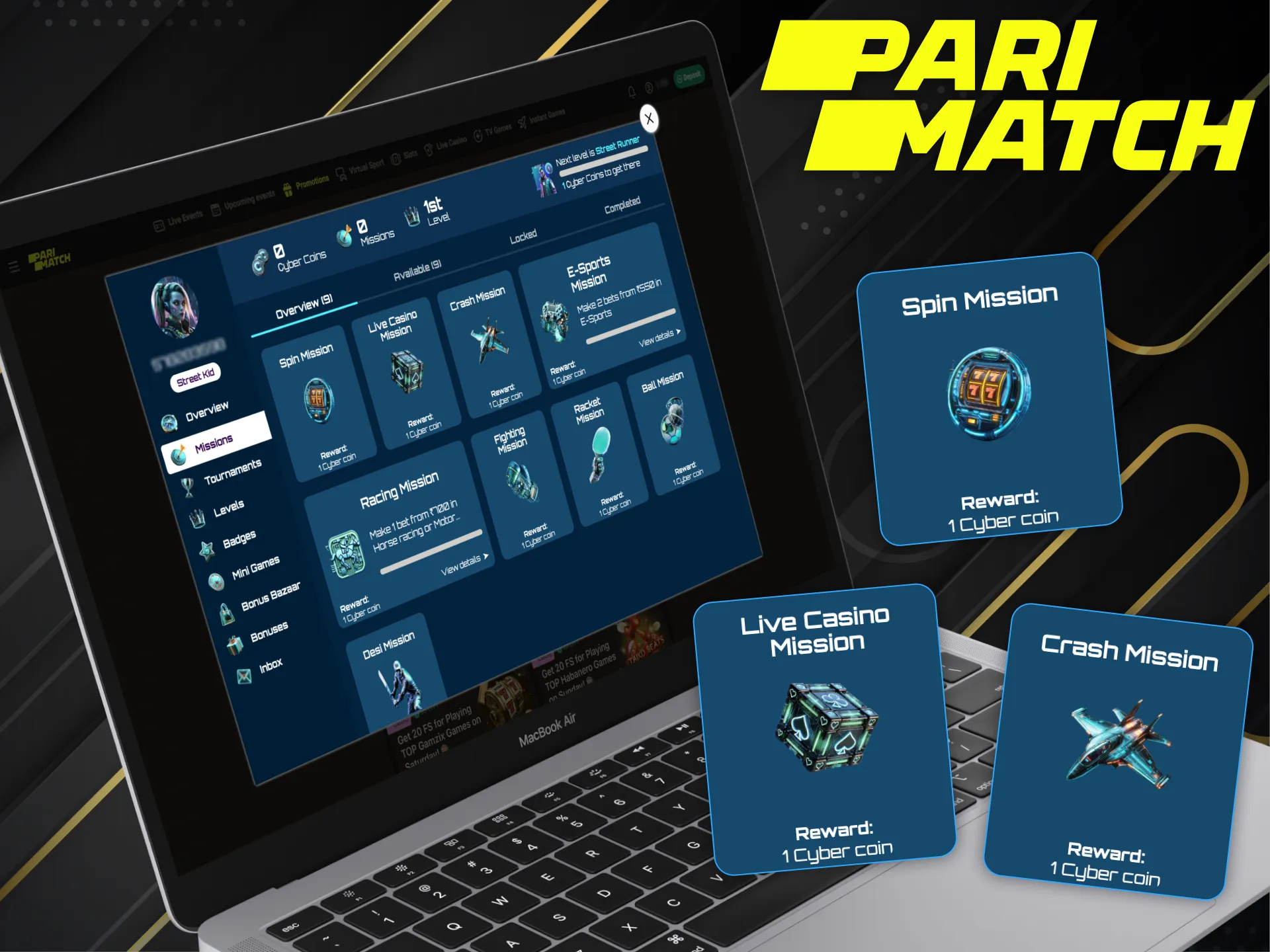 Parimatch Bonus Bazar interface is designed in a cyberpunk style.