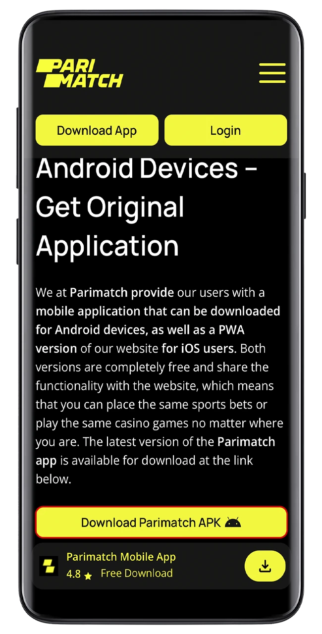 Use the link to go directly to and start downloading the Parimatch app.