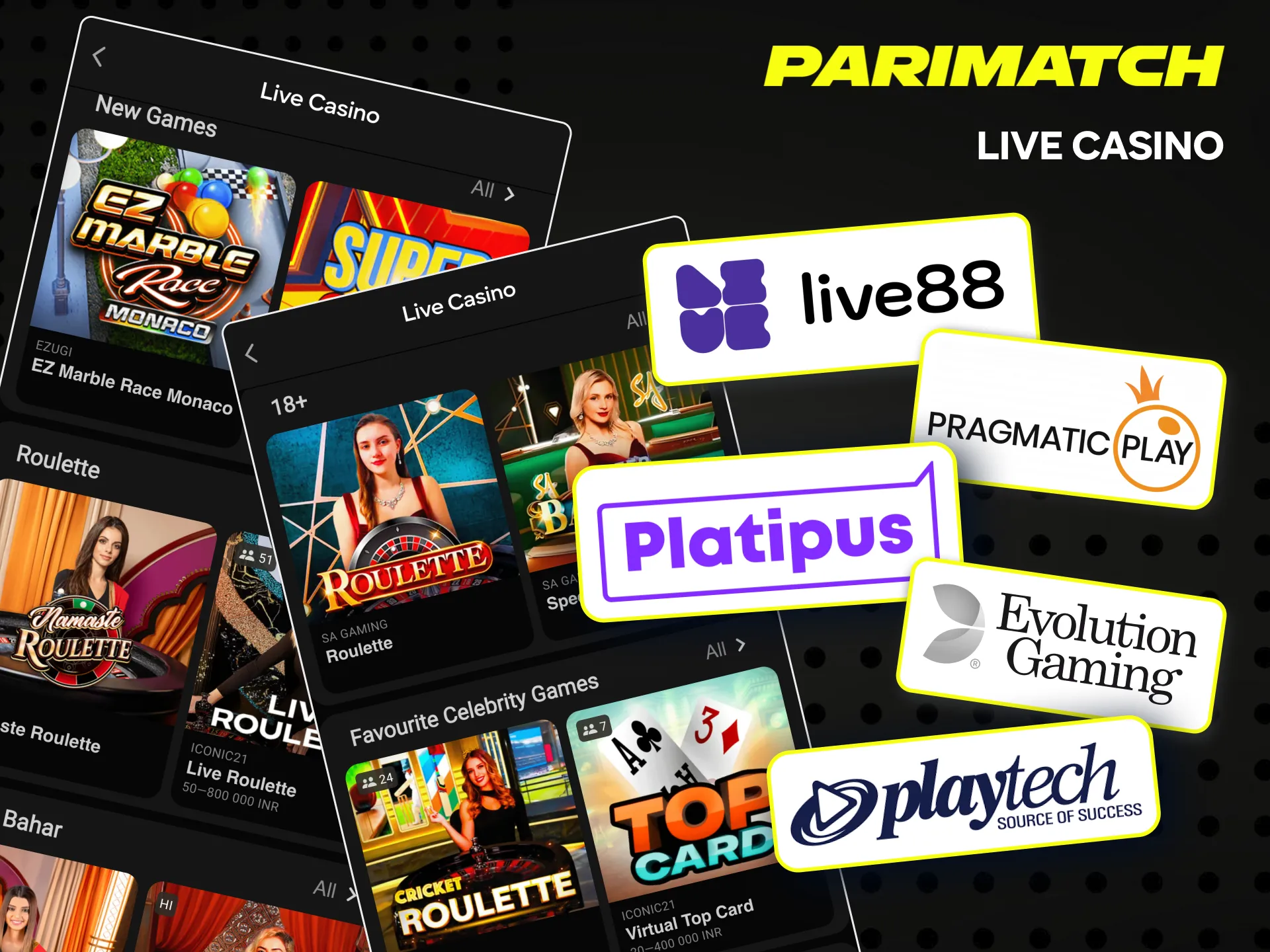 Enjoy premium live casino titles on Parimatch from Evolution and more.