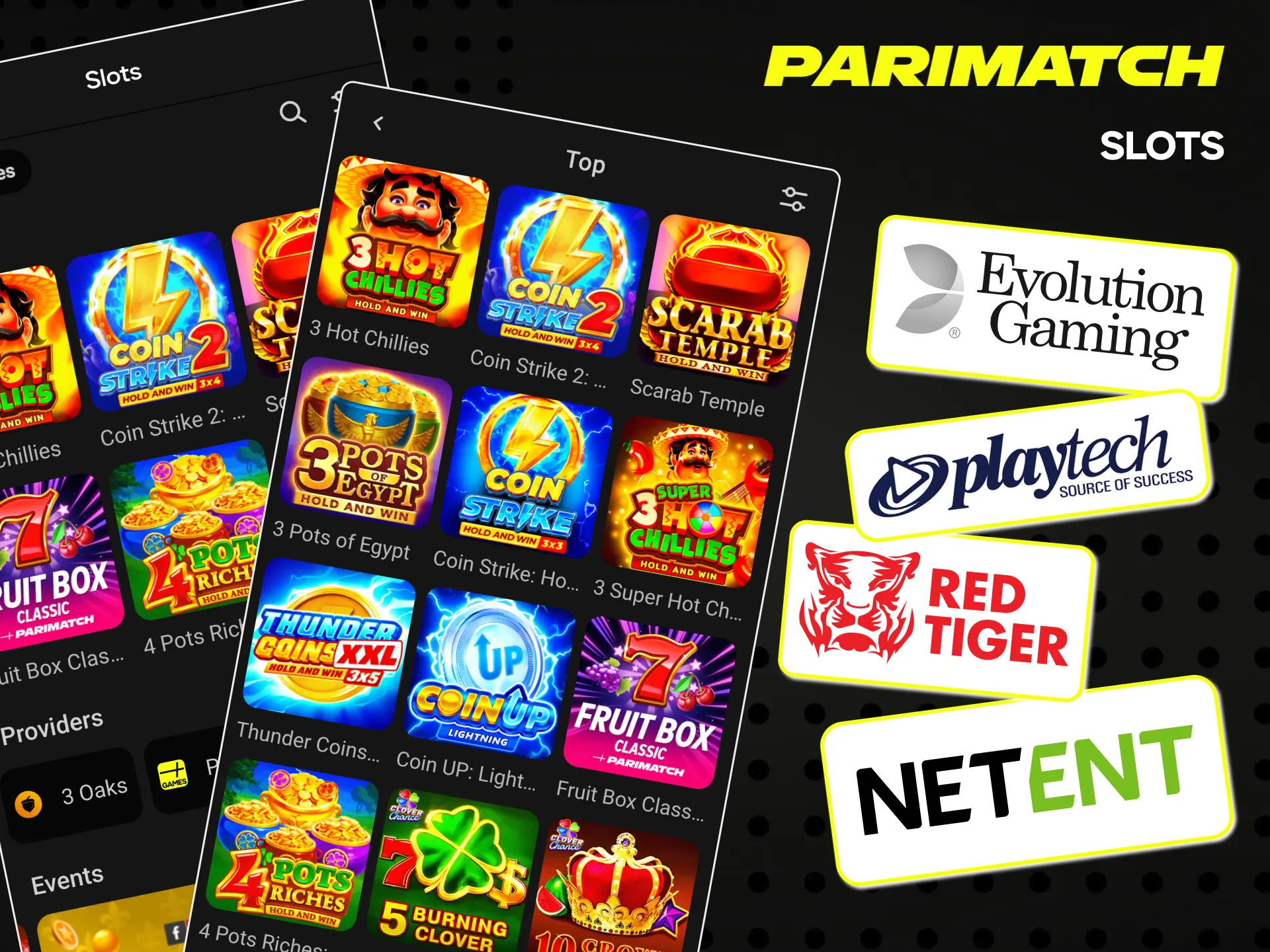 Top slot providers on Parimatch India including Evolution, NetEnt and others.