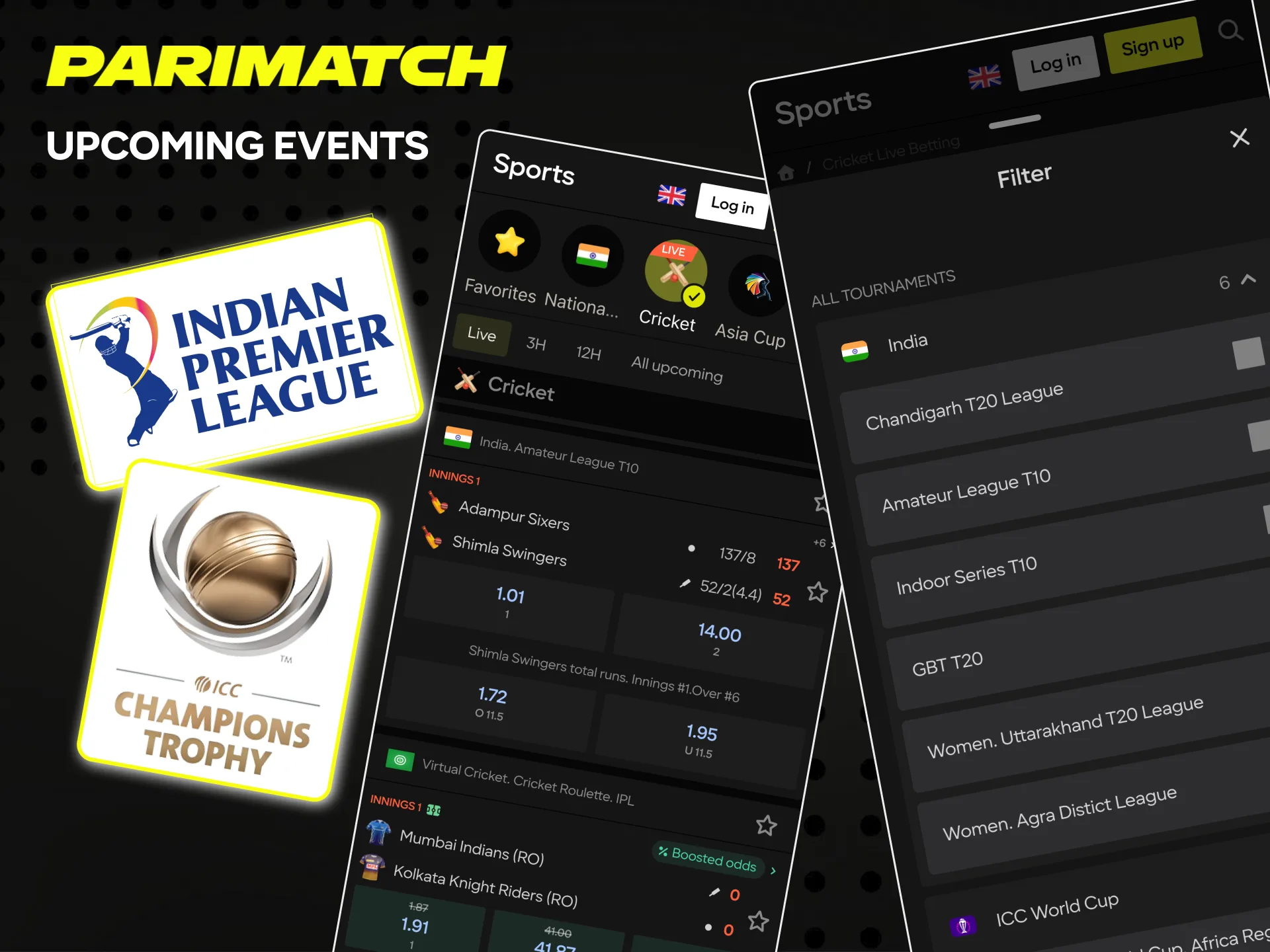 Find upcoming cricket tournament matches on the Parimatch website.