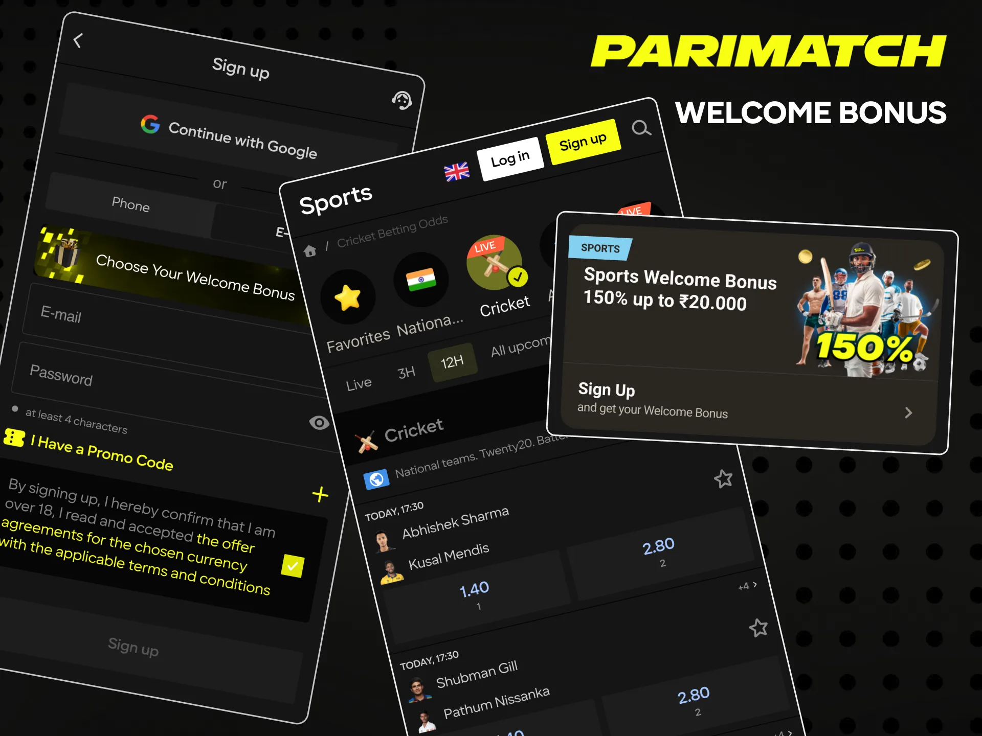 Receive a Parimatch welcome bonus on your first deposit for cricket betting.