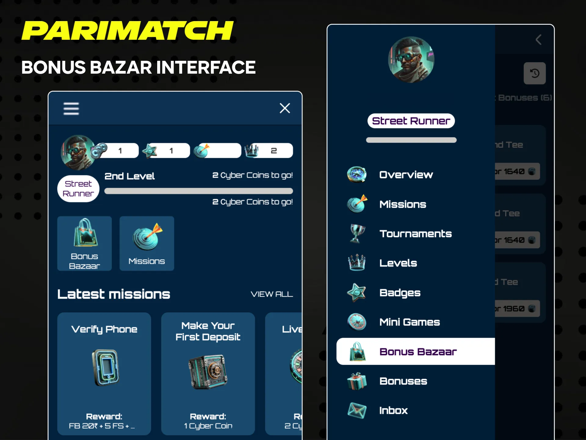 Parimatch Bonus Bazar interface is designed in a cyberpunk style.