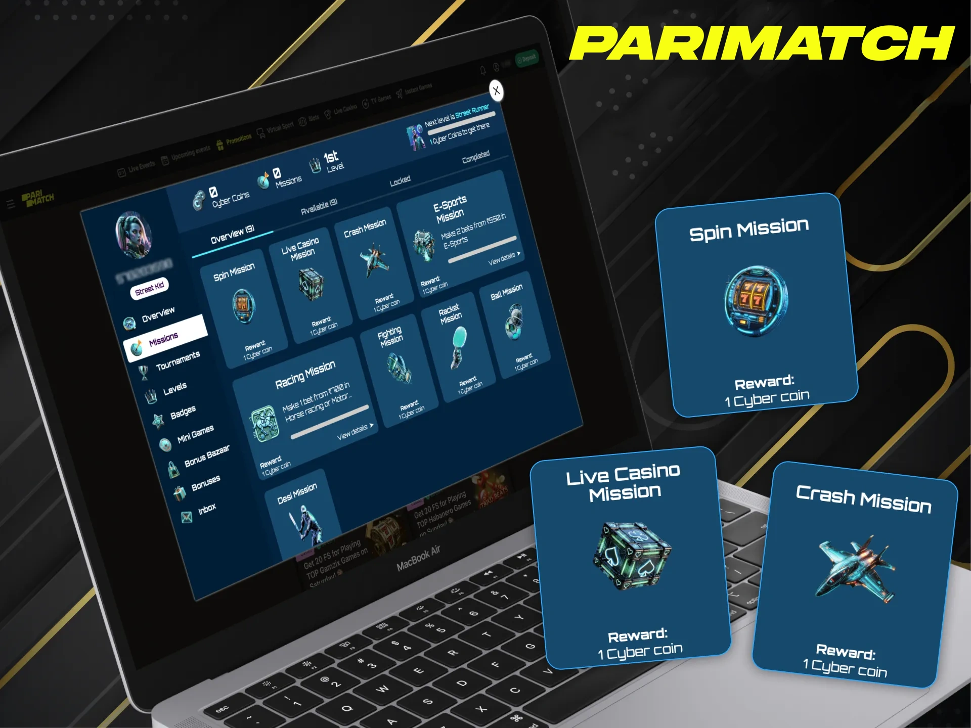 Parimatch Bonus Bazar interface is designed in a cyberpunk style.