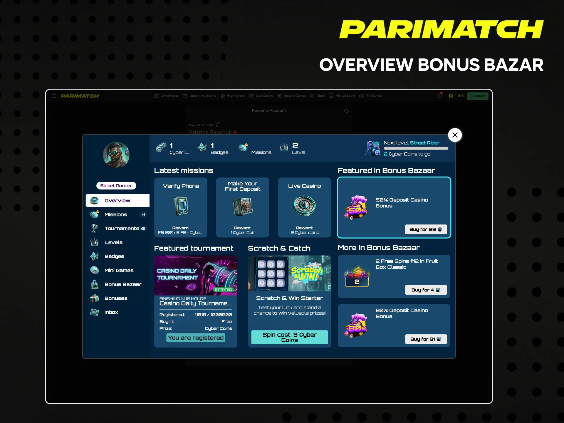 The Parimatch loyalty program is called Bonus Bazar.