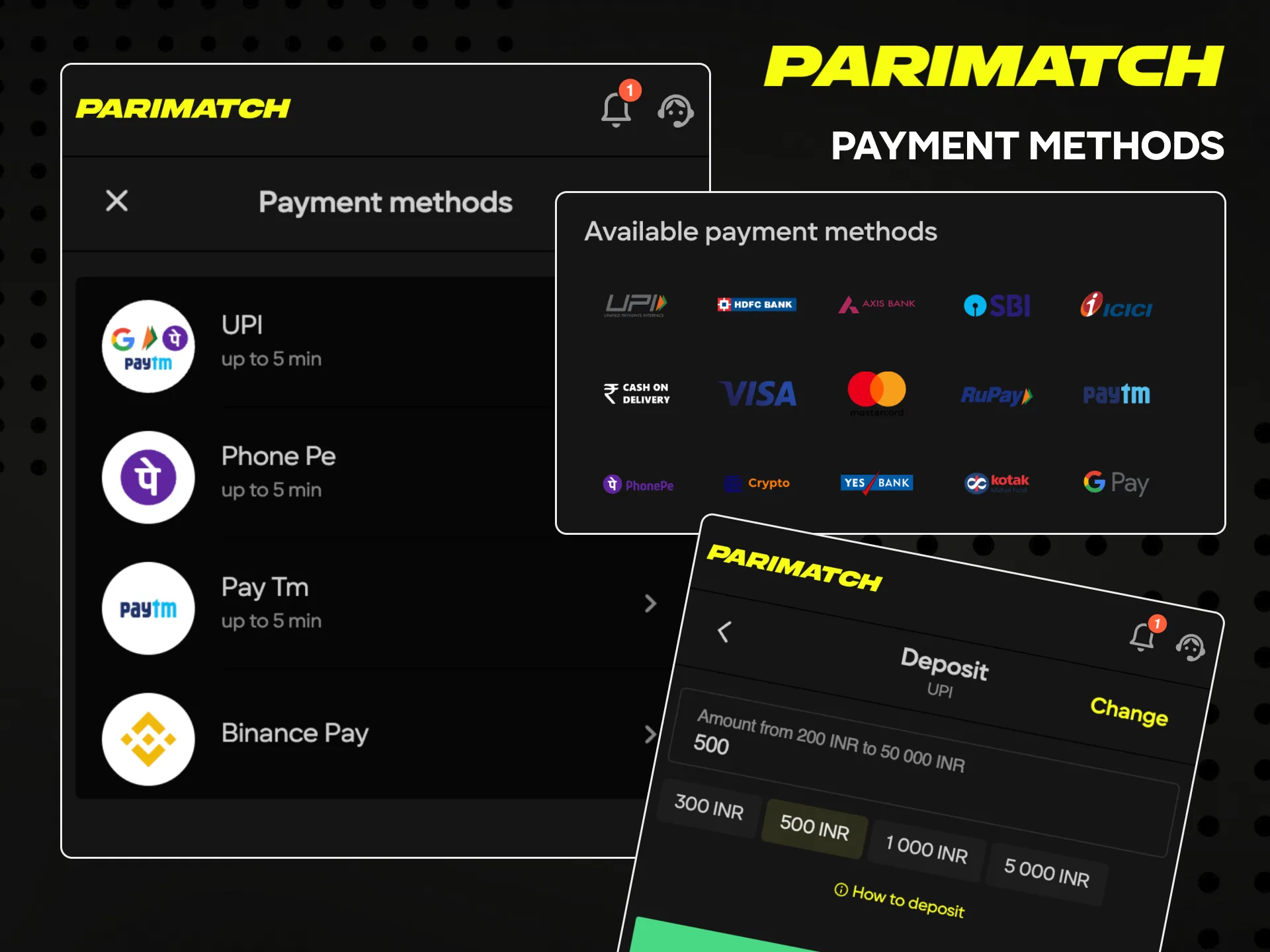 Parimatch provides a large selection of payment methods.