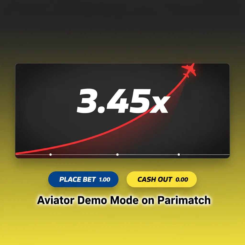 Aviator demo mode on Parimatch with crash graph, cash-out button, and virtual credits for risk-free practice.