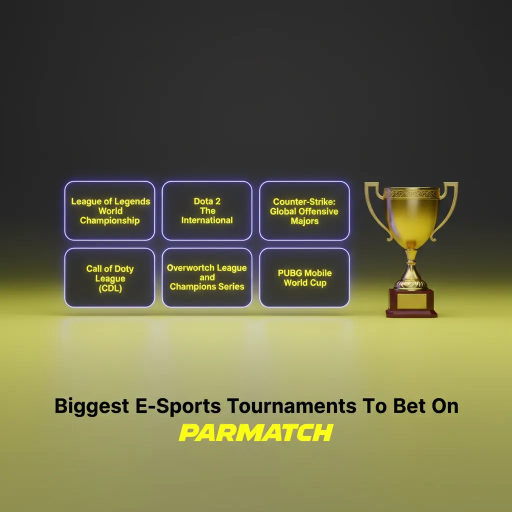 Parimatch infographic of top esports tournaments for betting: Dota 2, CS2, LoL, Valorant, with year-round schedules