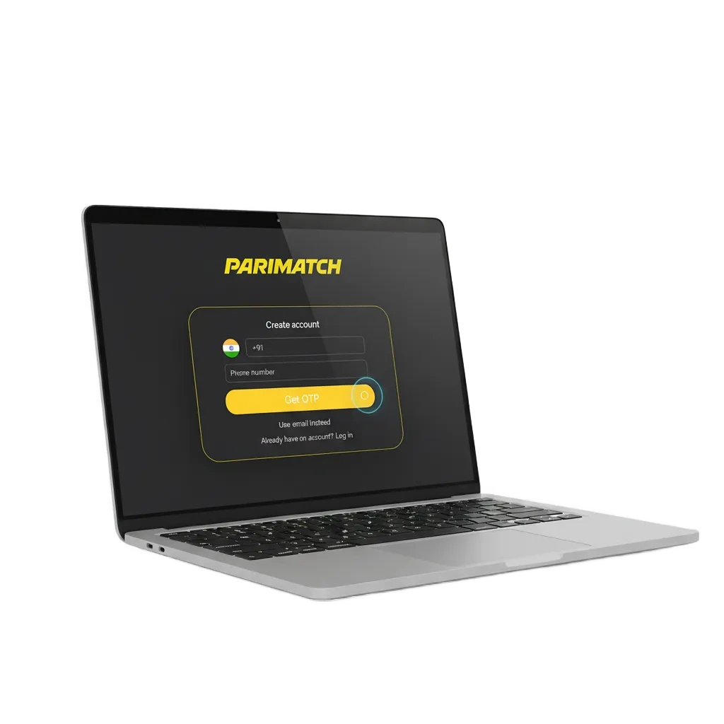 Parimatch India sign-up page with phone/email/social options, quick registration and 100% bonus up to INR 30,000