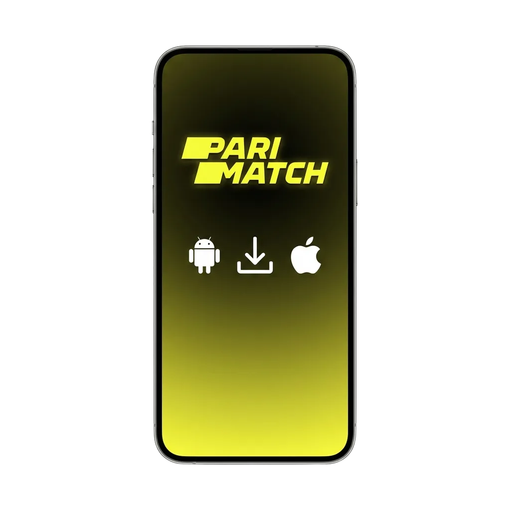 Parimatch Tier 2 mobile app download screen showing Android and iOS options with welcome bonus offers for betting and casino games