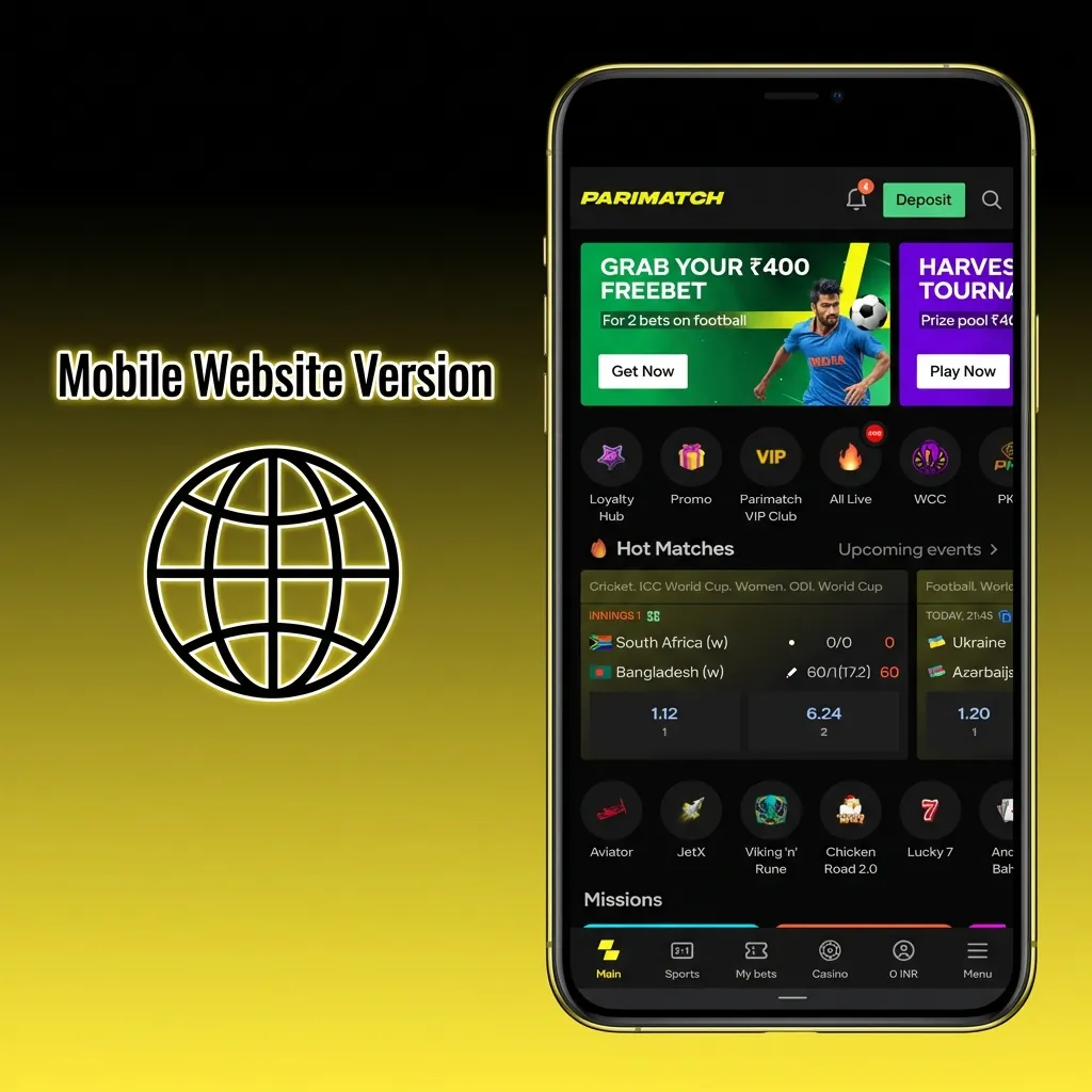 Parimatch mobile website interface showing sports betting and casino games accessible on smartphone browser
