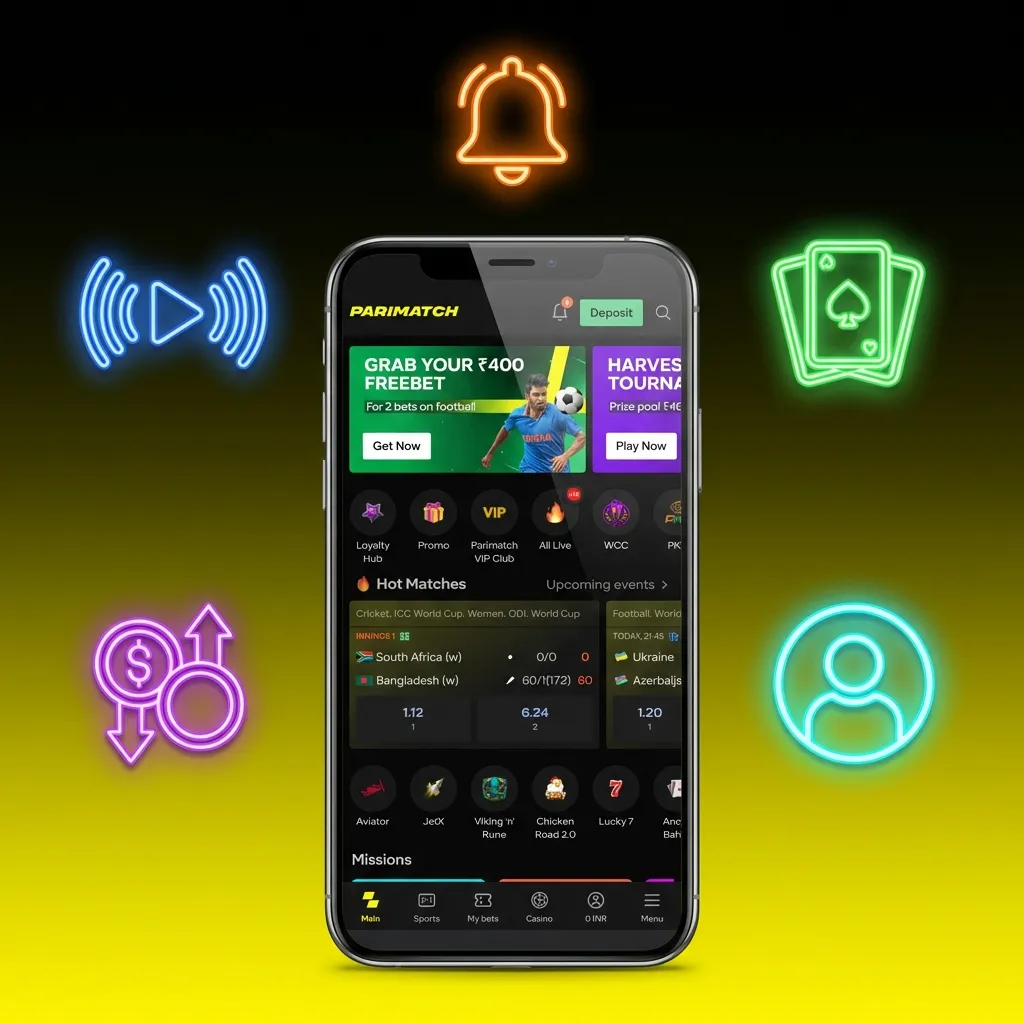 Mobile app notification settings screen showing customizable alerts for deposits, withdrawals, bets, and promotions