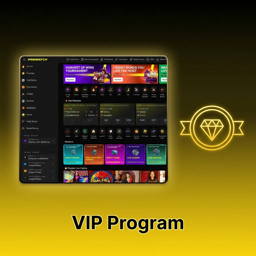 Parimatch VIP loyalty program showing six tiers from Bronze to Black with exclusive rewards for consistent players